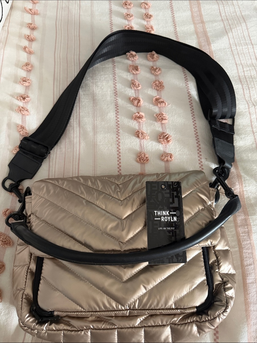 THINK ROYLN Metallic Champagne Quilted Crossbody with Black Strap